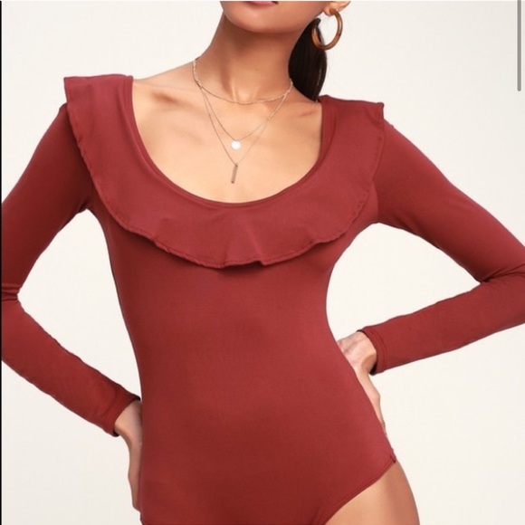Lulus brick red ruffle long sleeve bodysuit - Picture 2 of 7